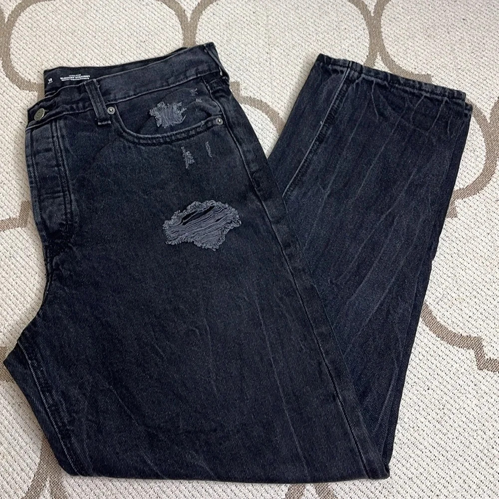 Old navy high rise slouchy straight distressed button fly black jeans, 12 tall